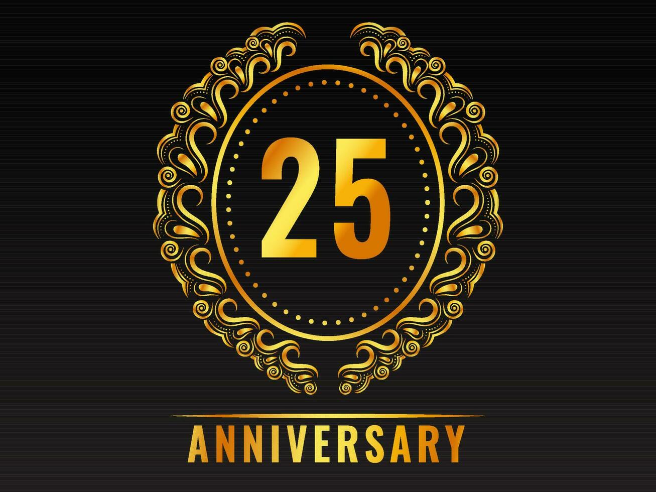 Golden 25th Anniversary Emblem Badge On Black Background. vector