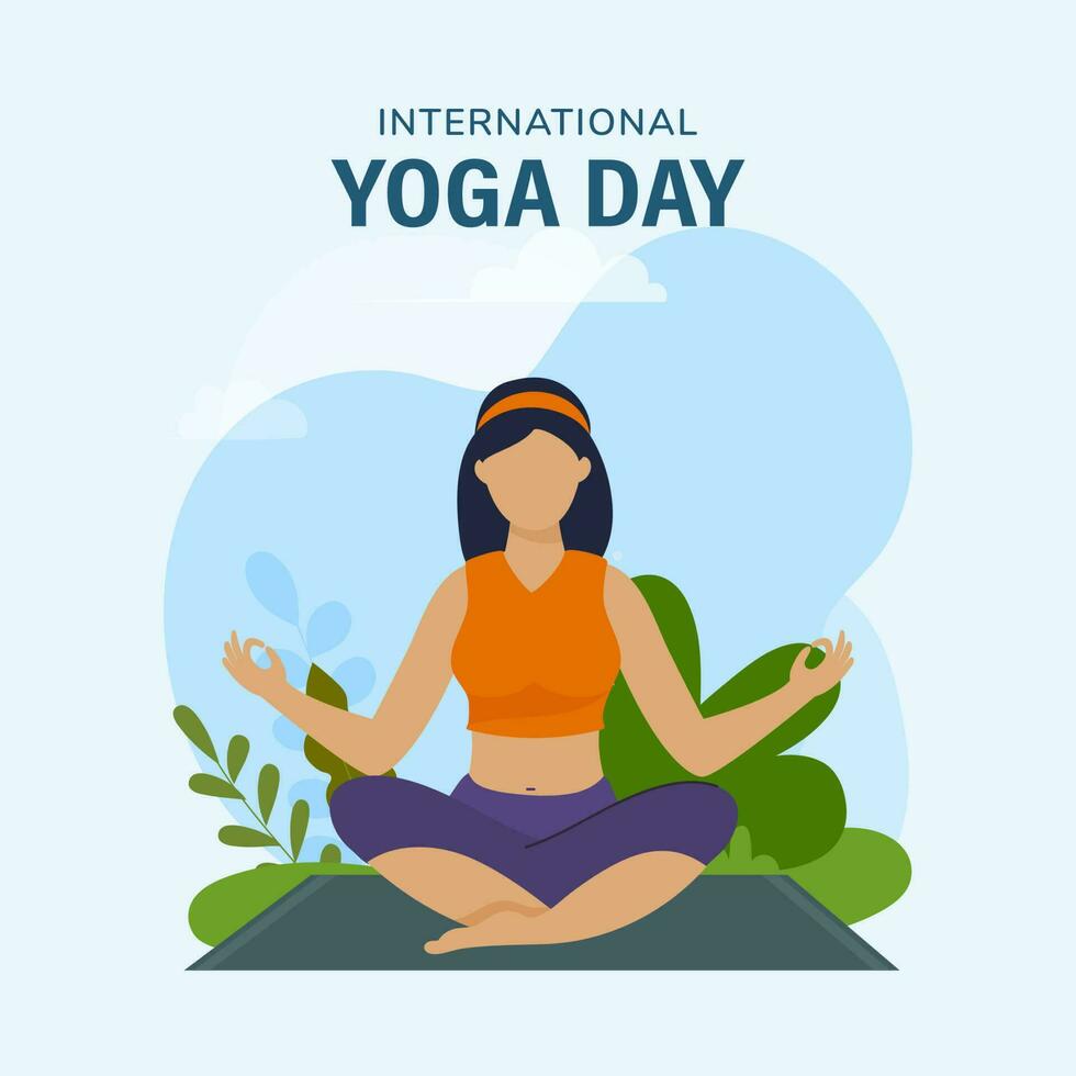 sin rostro joven mujer haciendo ejercicio en loto actitud padmasana en ligero azul antecedentes para internacional yoga día concepto. vector