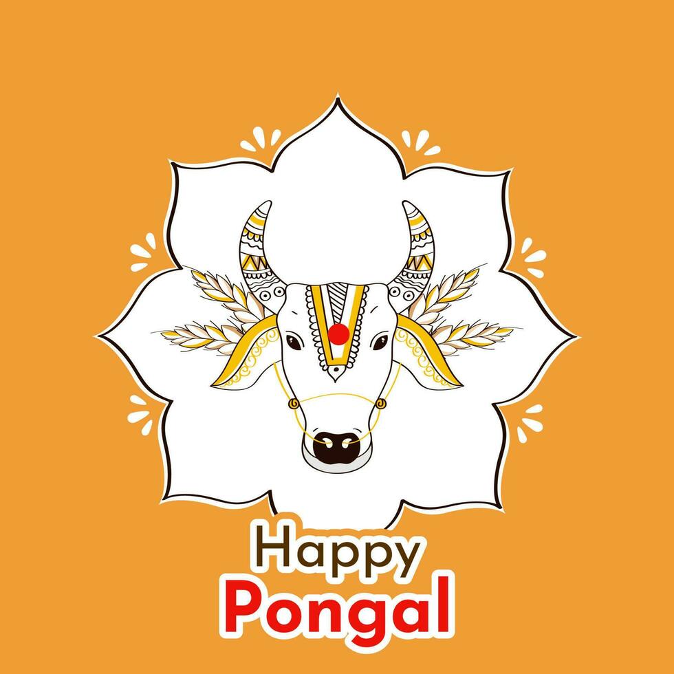 Sticker Style Happy Pongal Font With Doodle Style Bull Face On White And Dark Yellow Background. vector