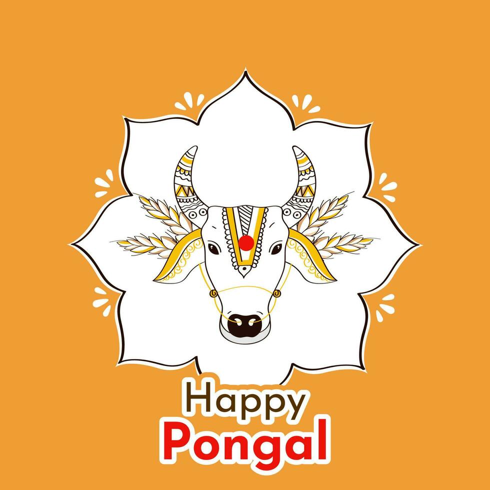 pegatina estilo contento pongal fuente con garabatear estilo toro cara en blanco y oscuro amarillo antecedentes. vector