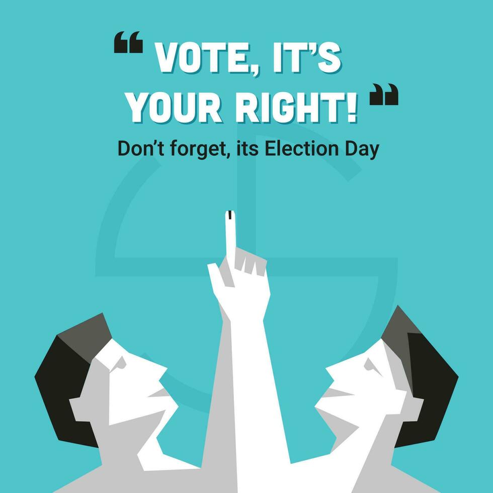 votar, es tu Derecha y no lo hagas olvidar elección día concepto con dibujos animados votante hombres doblada manos y demostración índice dedo en azul antecedentes. vector