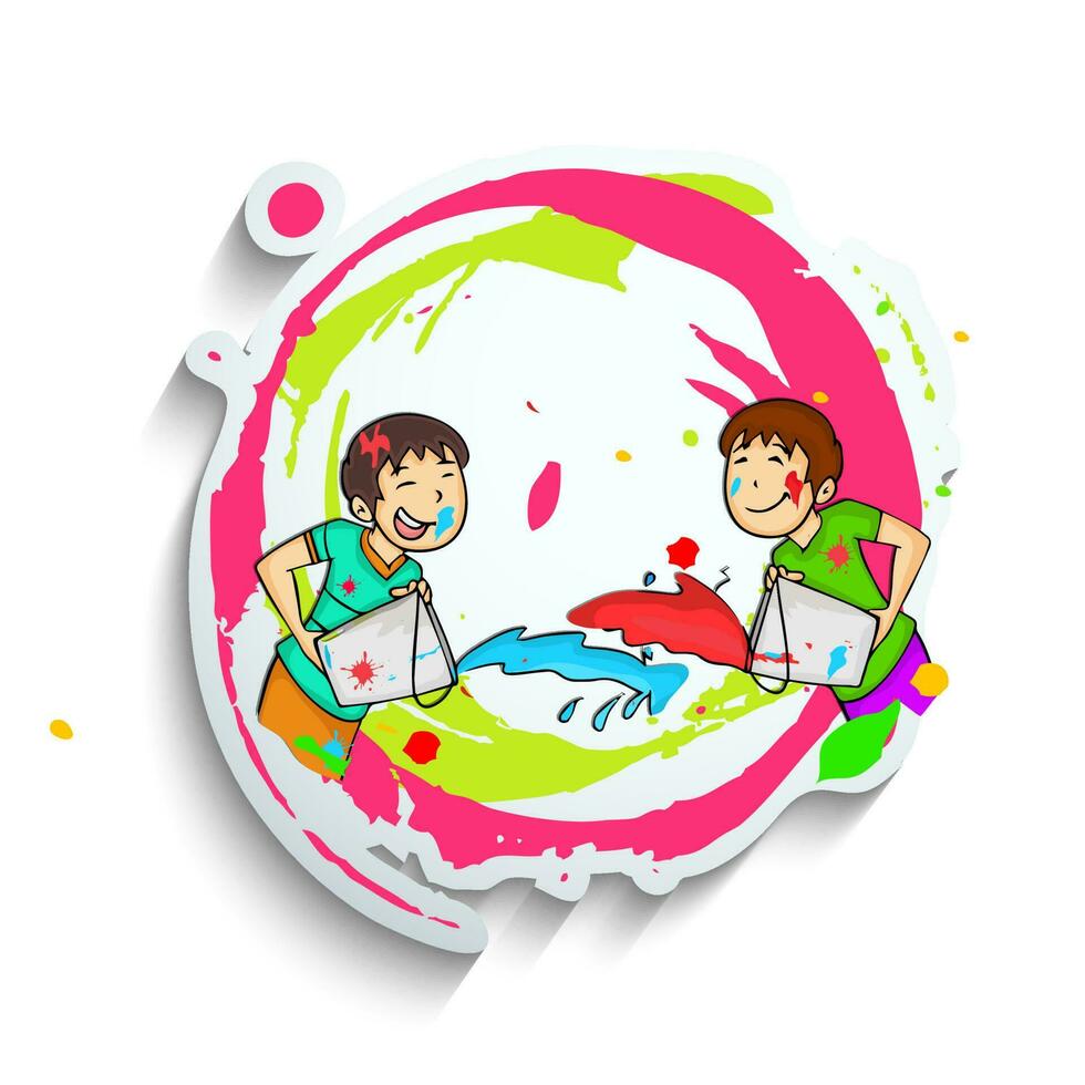 Vector Illustration Of Cartoon Boys Playing Holi Together On Paper Cut Brush Stroke And Splash Effect Background.