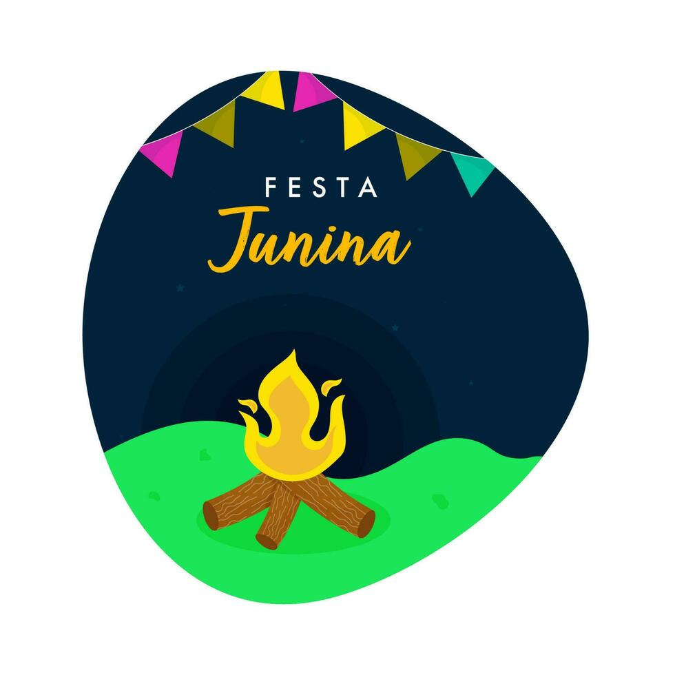 Festa Junina Celebration Poster Design With Bonfire, Bunting Flags On Abstract Background. vector