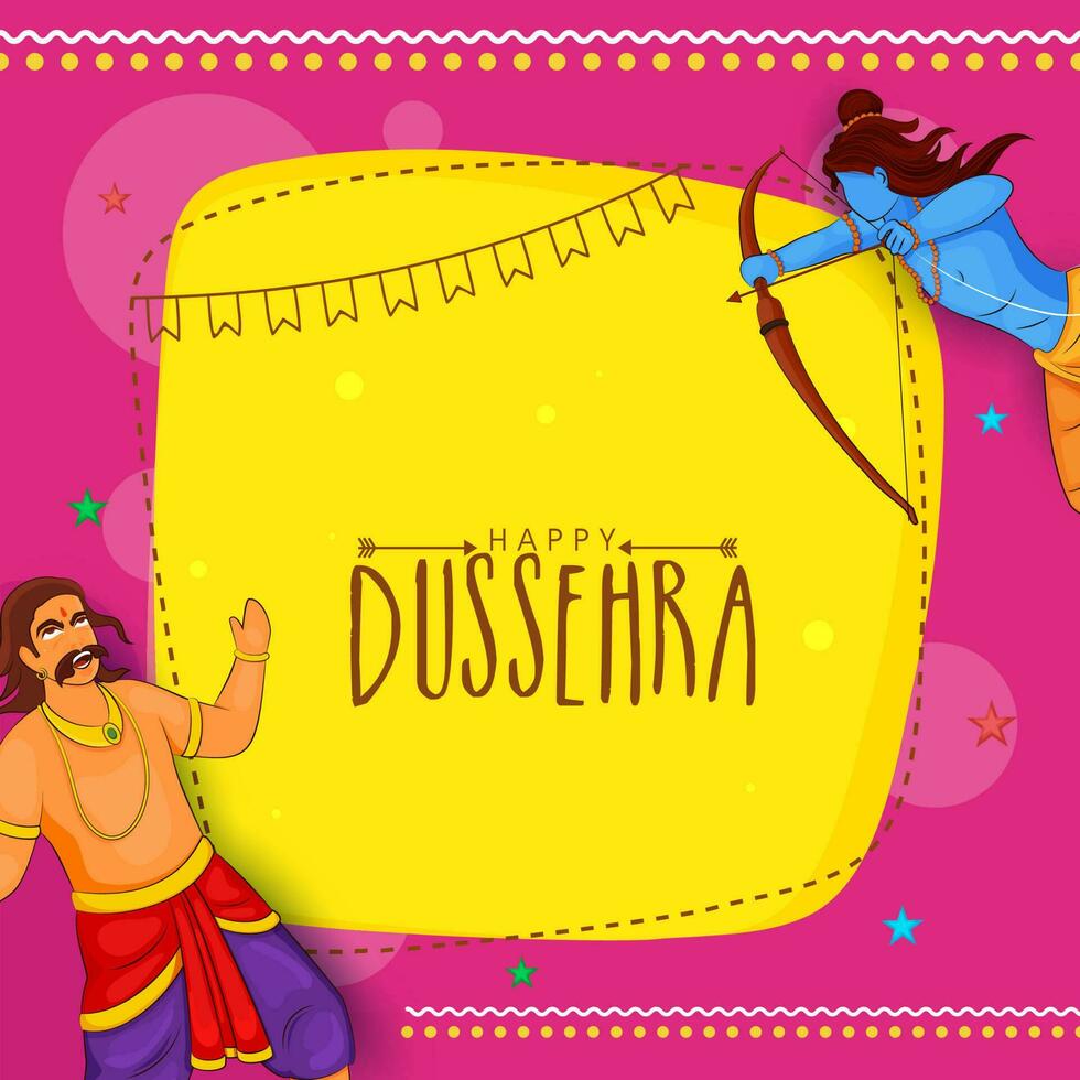 contento dussehra celebracion concepto con hindú mitología señor rama focalización a demonio ravana en rosado y amarillo antecedentes. vector