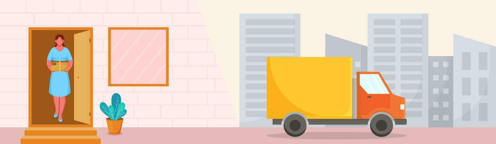 Female Customer Receiving Parcel At Door And Delivery Truck On Building Background. vector