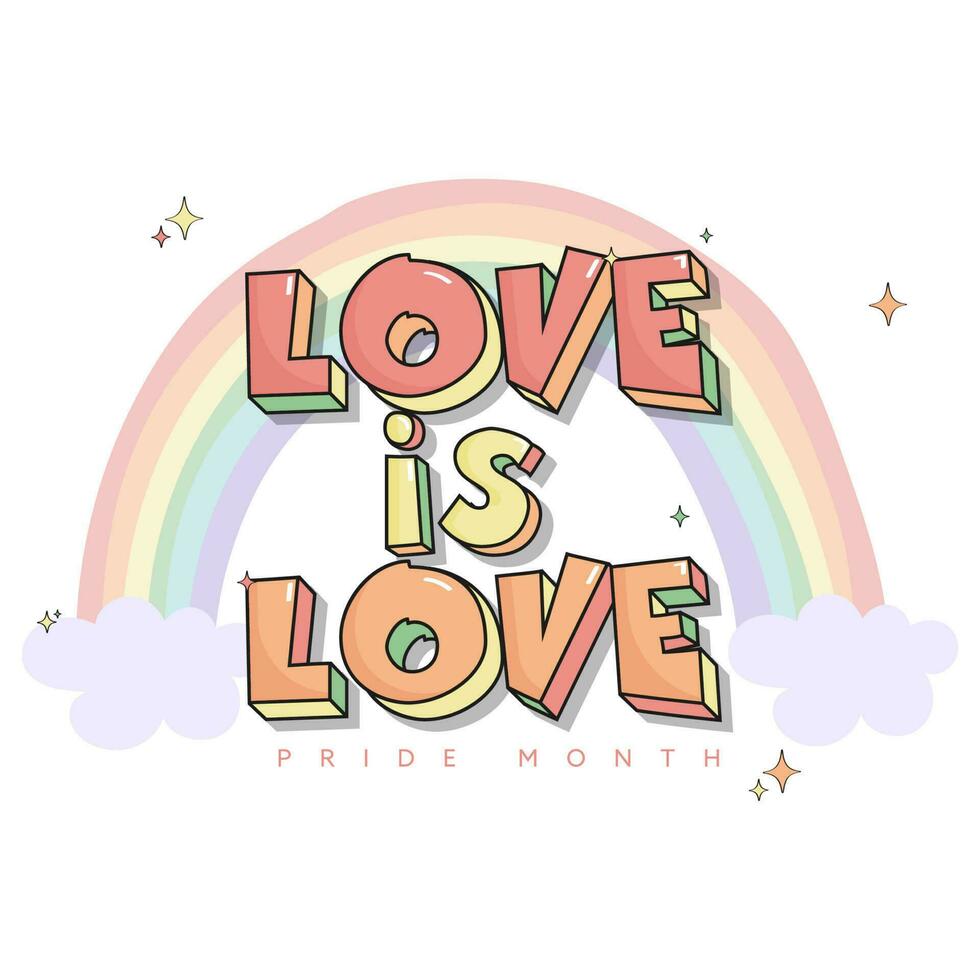 3D LOVE IS LOVE Font With Pastel Rainbow And Clouds On White Background. vector