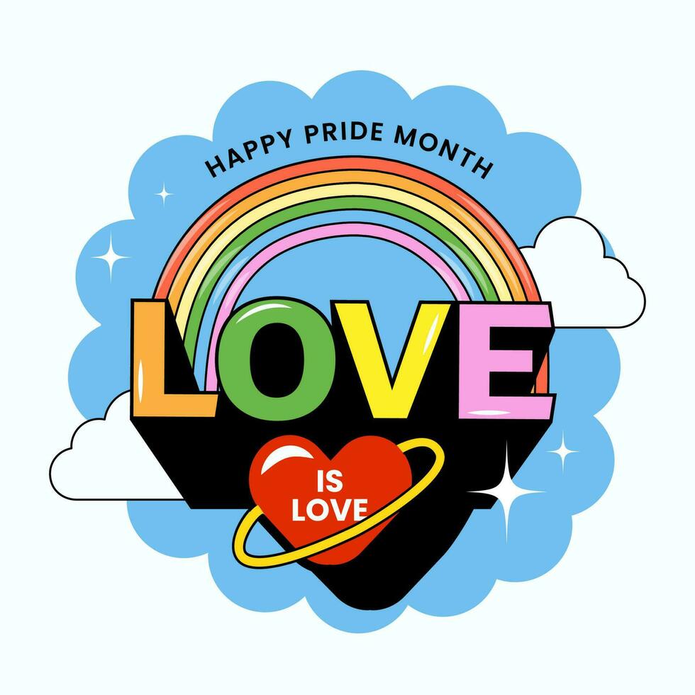 Colorful Love Is Love Font With Red Heart, Rainbow, Clouds On Blue And White Background For Happy Pride Month Concept. vector