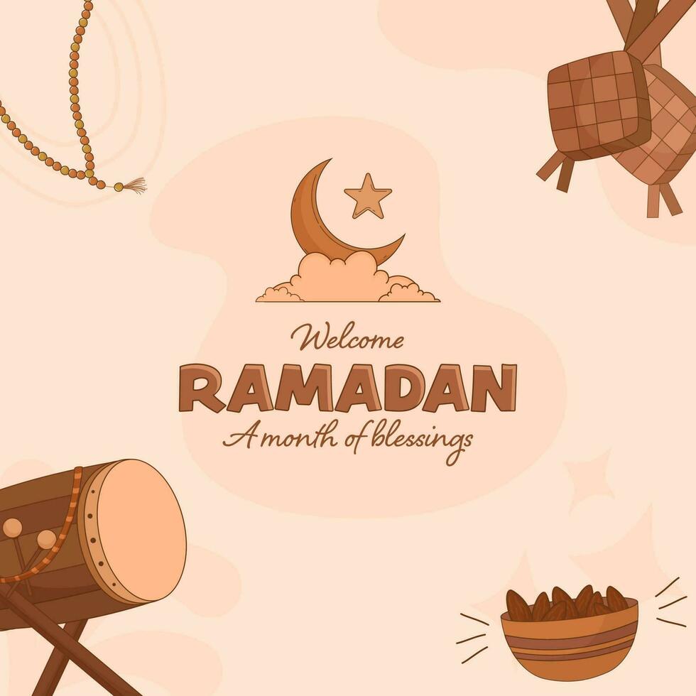 Welcome Ramadan Month Concept With Crescent Moon, Star, Dates In Bowl, Ketupat Hang, Tasbih And Dhol Stand On Pink Background. vector