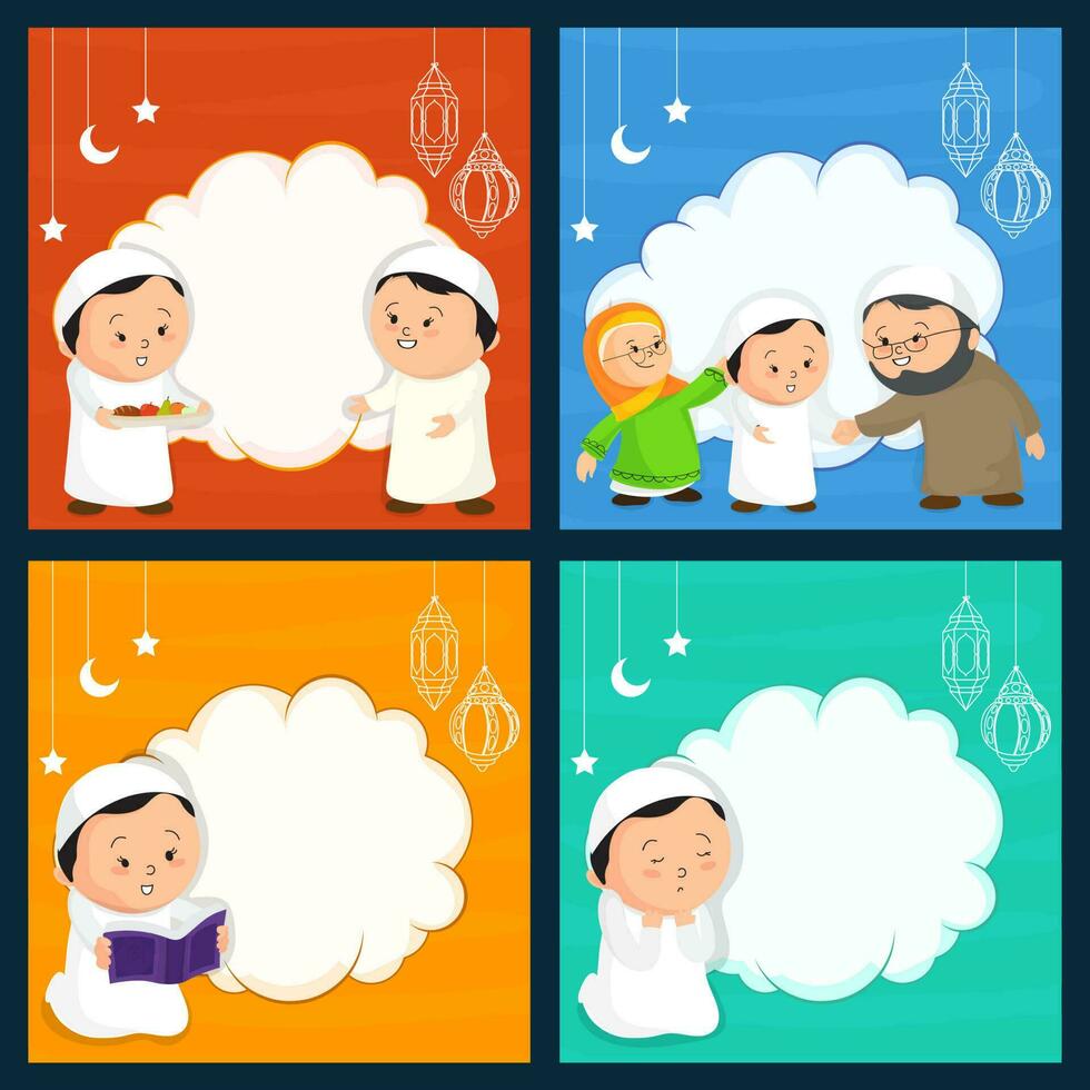 Set Of Muslim People Doing Different Religious Activity And Given Space For Text Message. vector