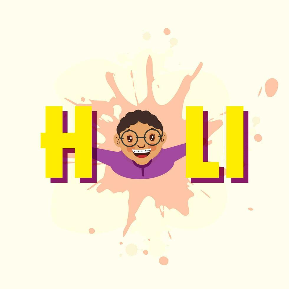 Holi Font With Cheerful Boy Looking Up And Peach Splash Effect On Pastel Yellow Background. vector