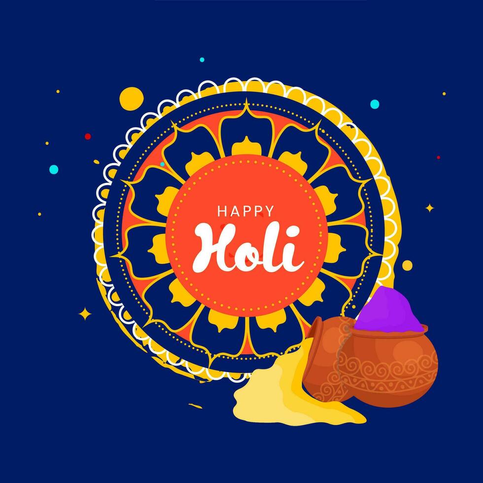 Happy Holi Celebration Concept With Powder In Mud Pots On Rangoli Or Mandala Blue Background. vector