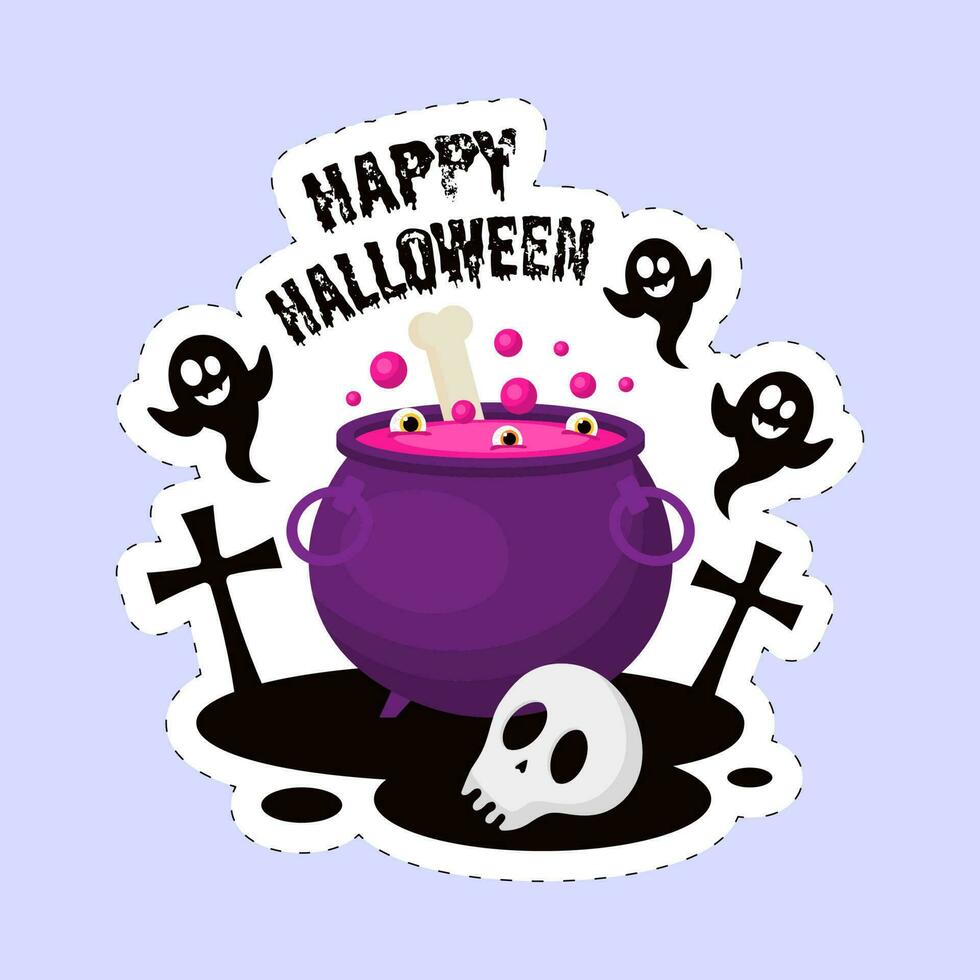 Sticker Style Happy Halloween Font With Festival Elements On Blue Background. vector