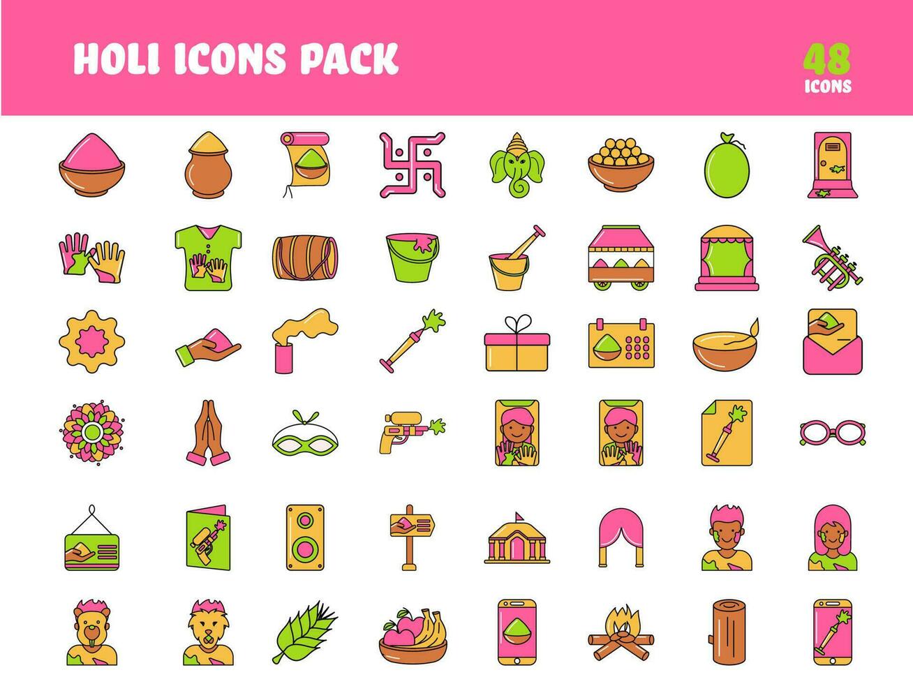 Holi Colorful Icon Set In Flat Style. vector