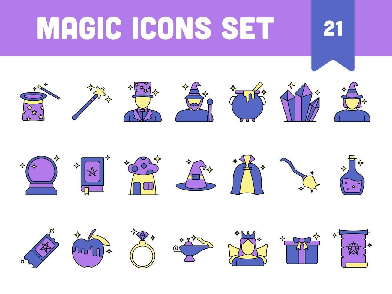 Purple And Yellow Magic Flat Icon Set. vector