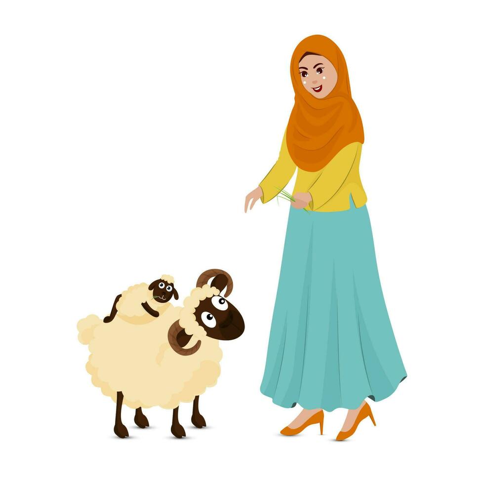 Cartoon Islamic Young Woman Feeding Grass To Sheep On WHite Background. vector