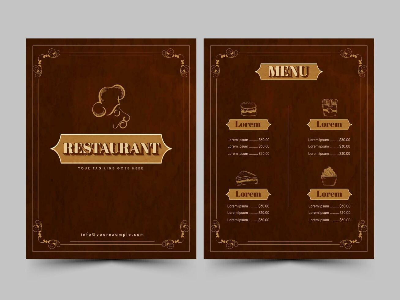 Restaurant Menu Card Template With Double-Sides In Brown Color. vector