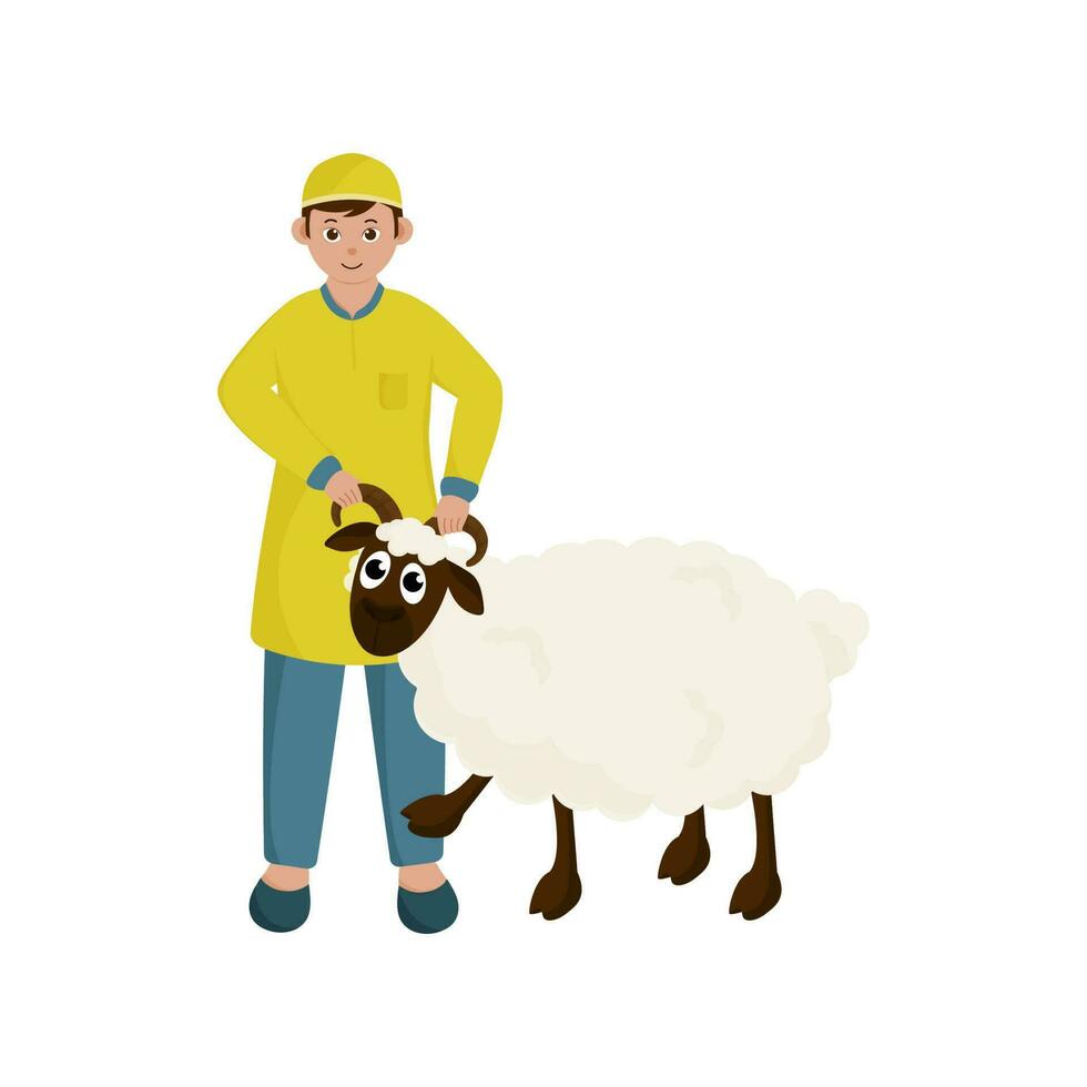 islámico joven chico participación cuernos de oveja en blanco antecedentes. vector