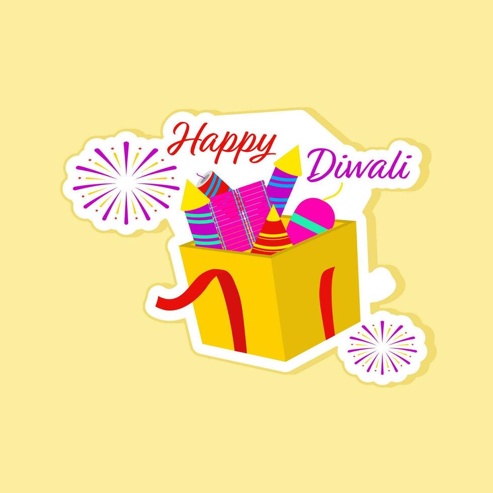 Sticker Style Open Firecracker Box Over Yellow Background For Happy Diwali Celebration. vector