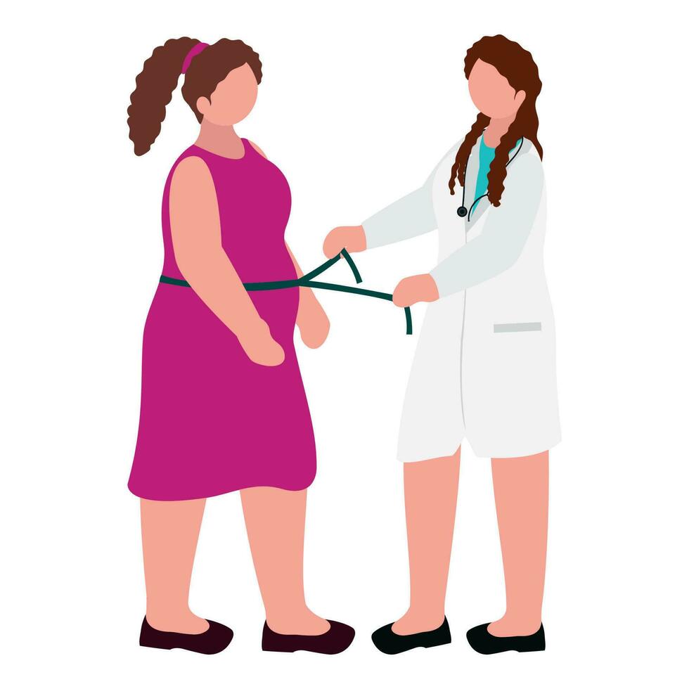 Faceless Female Doctor Measuring To Patient Waist With Tape Against White Background. vector