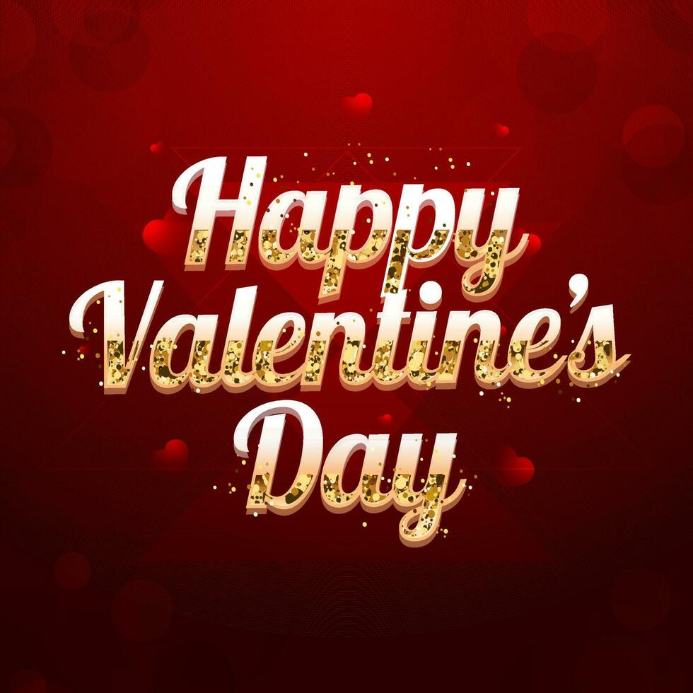 Golden Happy Valentine's Day Font With Glitter Effect On Red Hearts Background. vector
