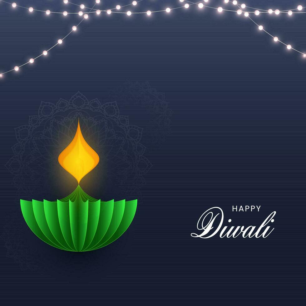 contento diwali celebracion concepto con papel cortar iluminado petróleo lámpara y Encendiendo guirnalda en azul mandala modelo antecedentes. vector