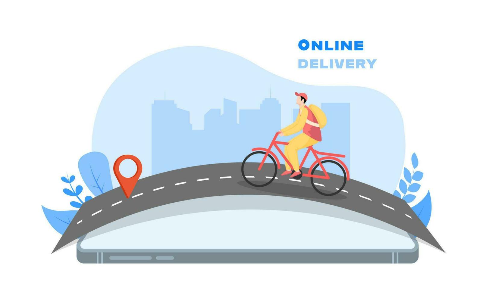 entrega chico montando bicicleta con ubicación rastreo aplicación en teléfono inteligente en blanco y azul silueta edificios antecedentes. vector