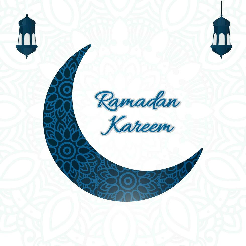 Sticker Style Ramadan Kareem Font With Islamic Pattern Crescent Moon In Blue Color And Arabic Lanterns On White Background. vector