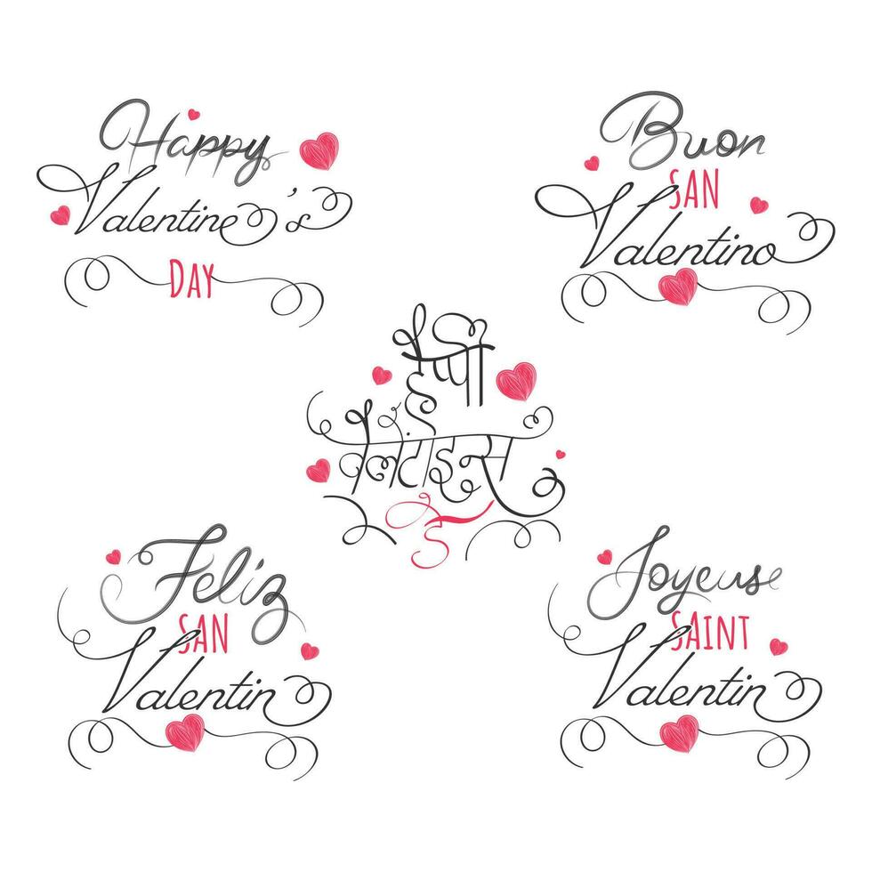 Happy Valentine's Day Font In Various Language With Pink Hearts On White Background. vector