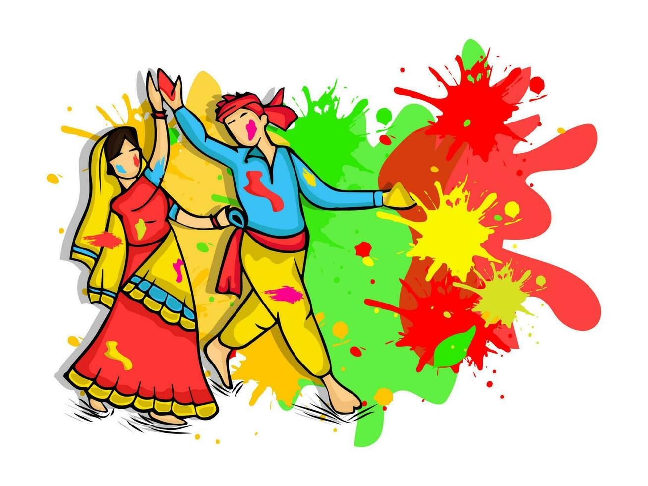 Young Indian Couple Playing Holi In Traditional Attire And Color Splatter Effect On White Background. vector