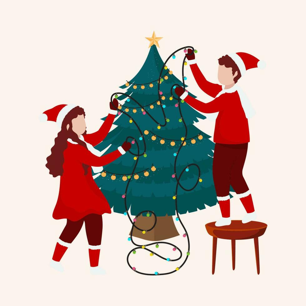 Young Children Decorated Xmas Tree by Lighting Garland, Merry Christmas Celebration Concept. vector