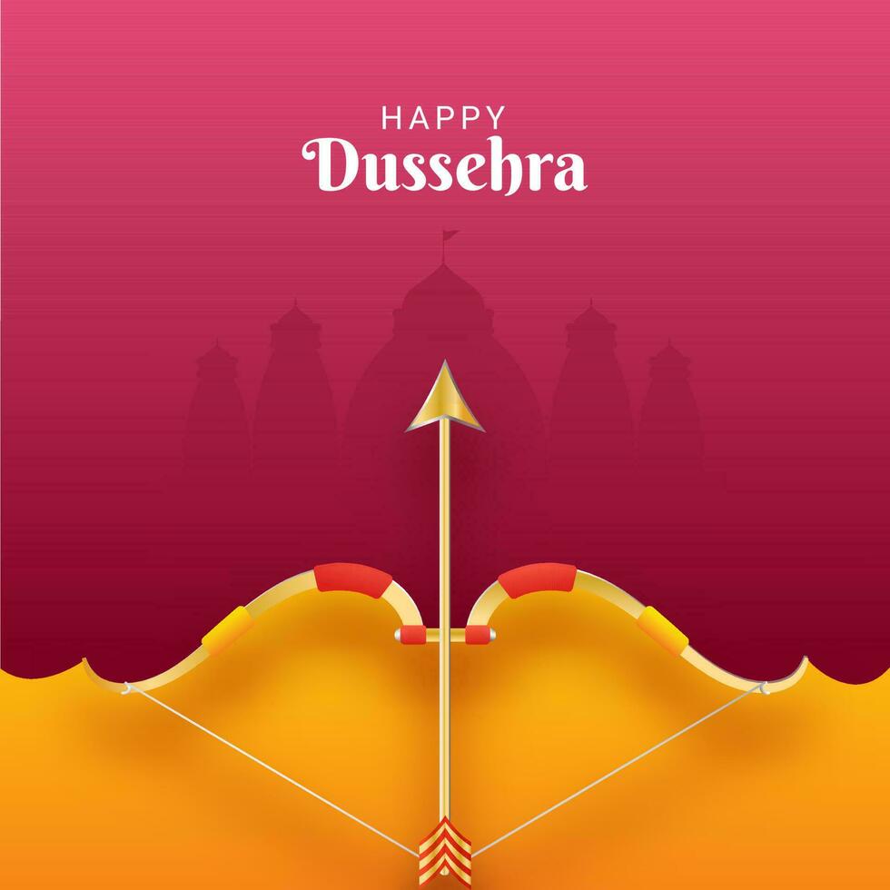 Happy Dussehra Celebration Poster Design With Golden Bow, Arrow On Yellow And Pink Silhouette Ayodhya View Or Temple Background. vector