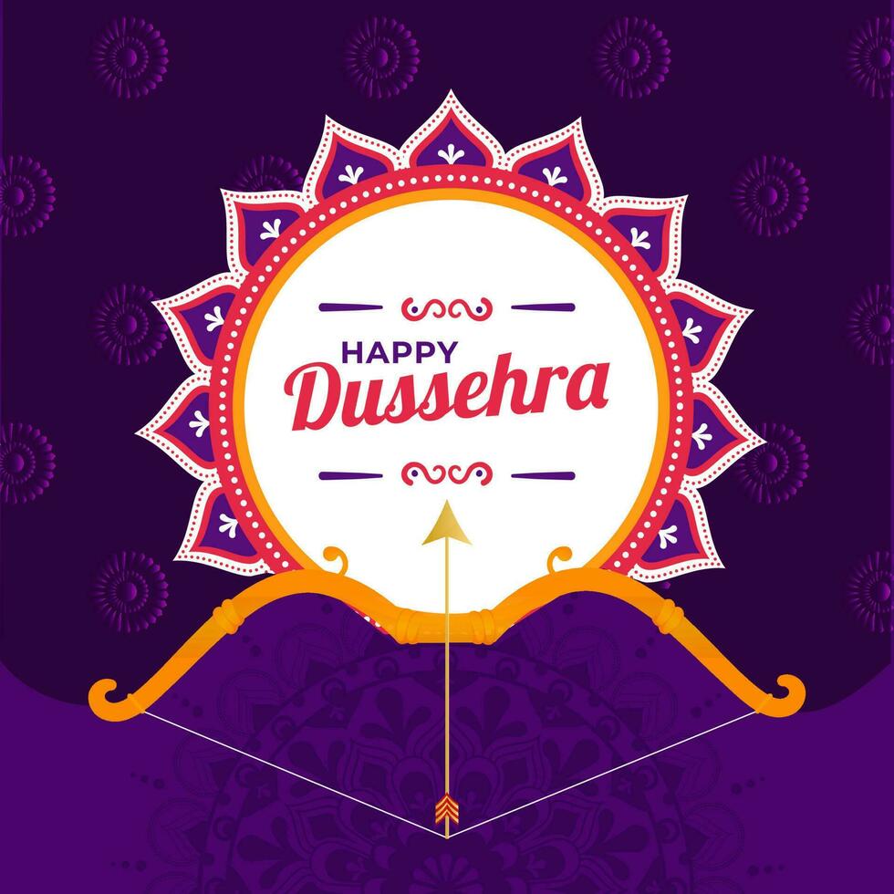 Happy Dussehra Font Over Mandala Frame With Archer Bow And Arrow Against Purple Background. vector
