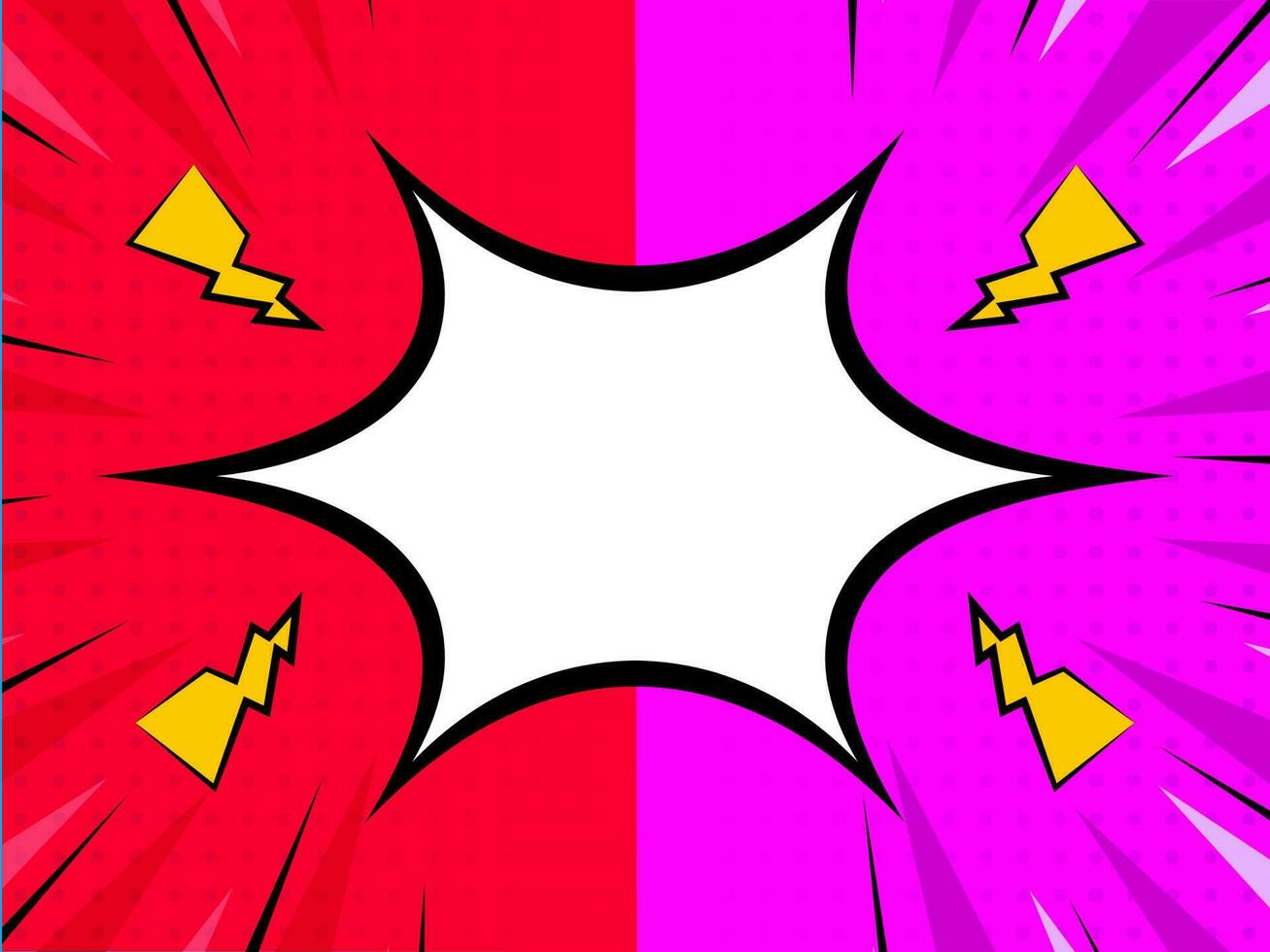 Empty Comic Frame With Lightning Bolts On Red And Magenta Dotted Background. vector