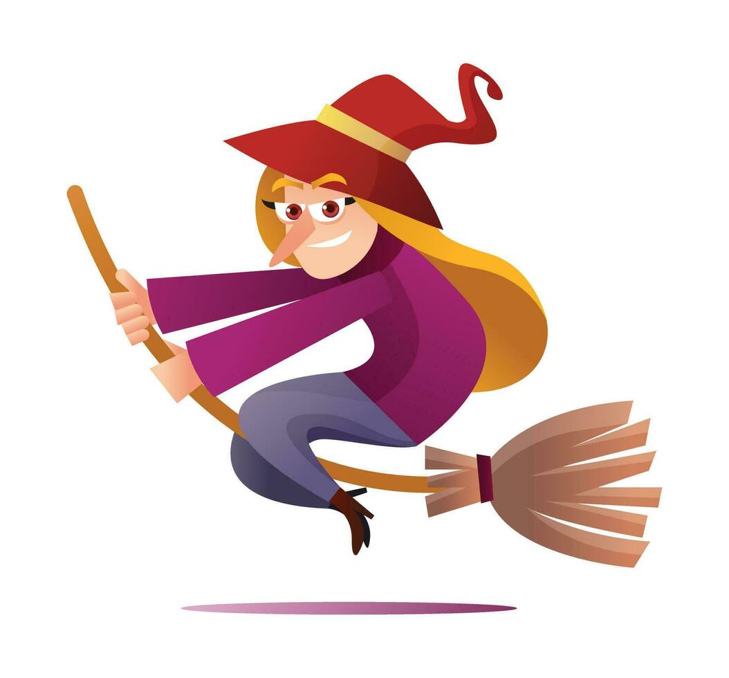 Witch character flying on broomstick cartoon illustration isolated on white background vector