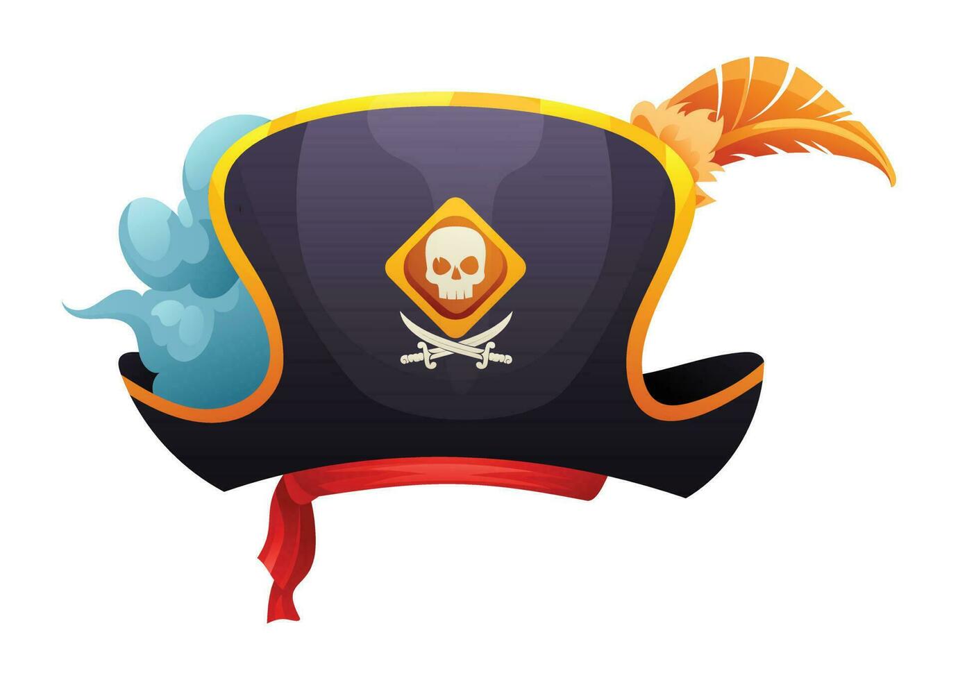 pirata sombrero con cráneo, cruzado espadas y pluma dibujos animados ilustración vector