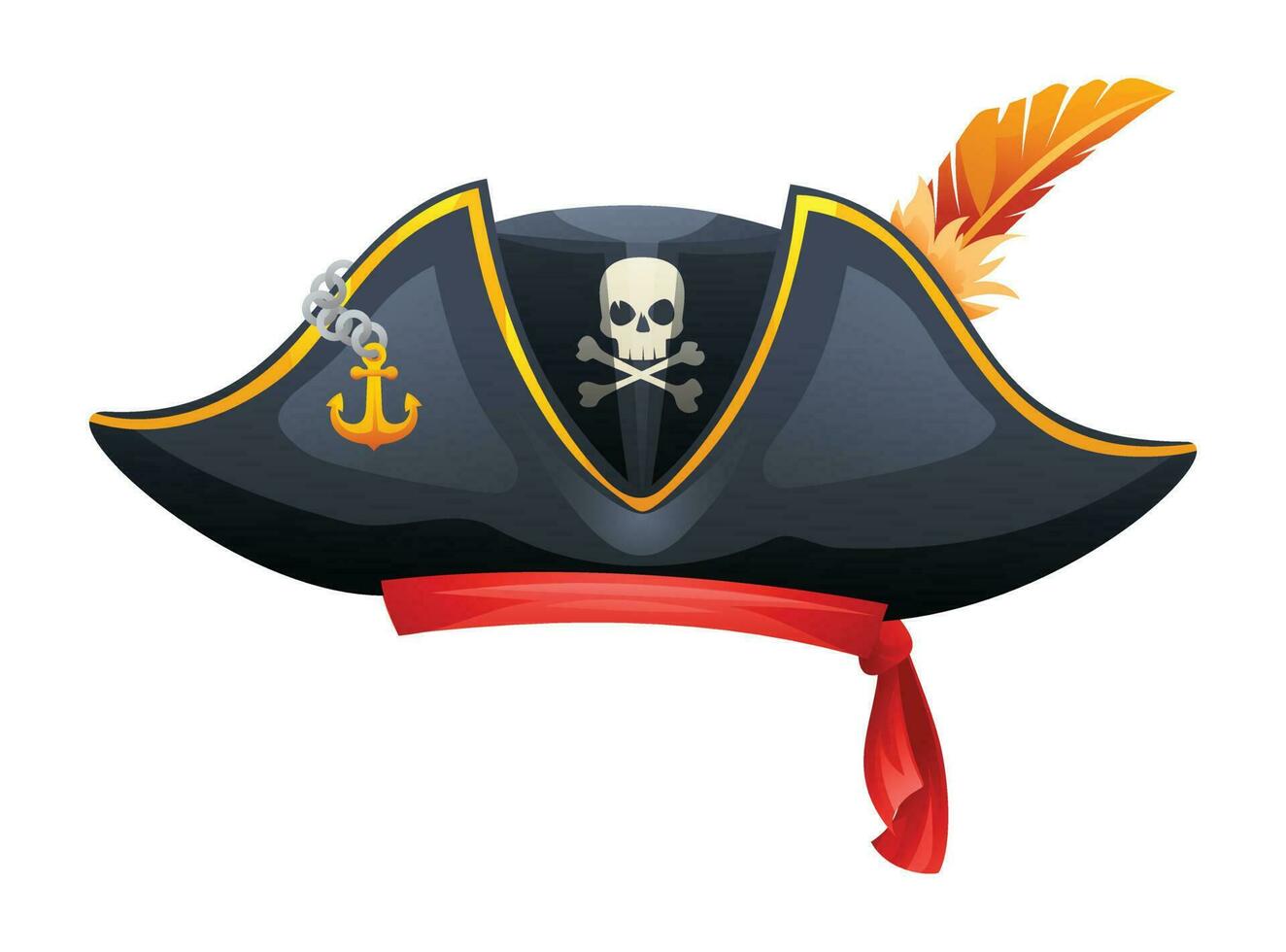 pirata sombrero con cráneo, tibias cruzadas, ancla y pluma vector ilustración