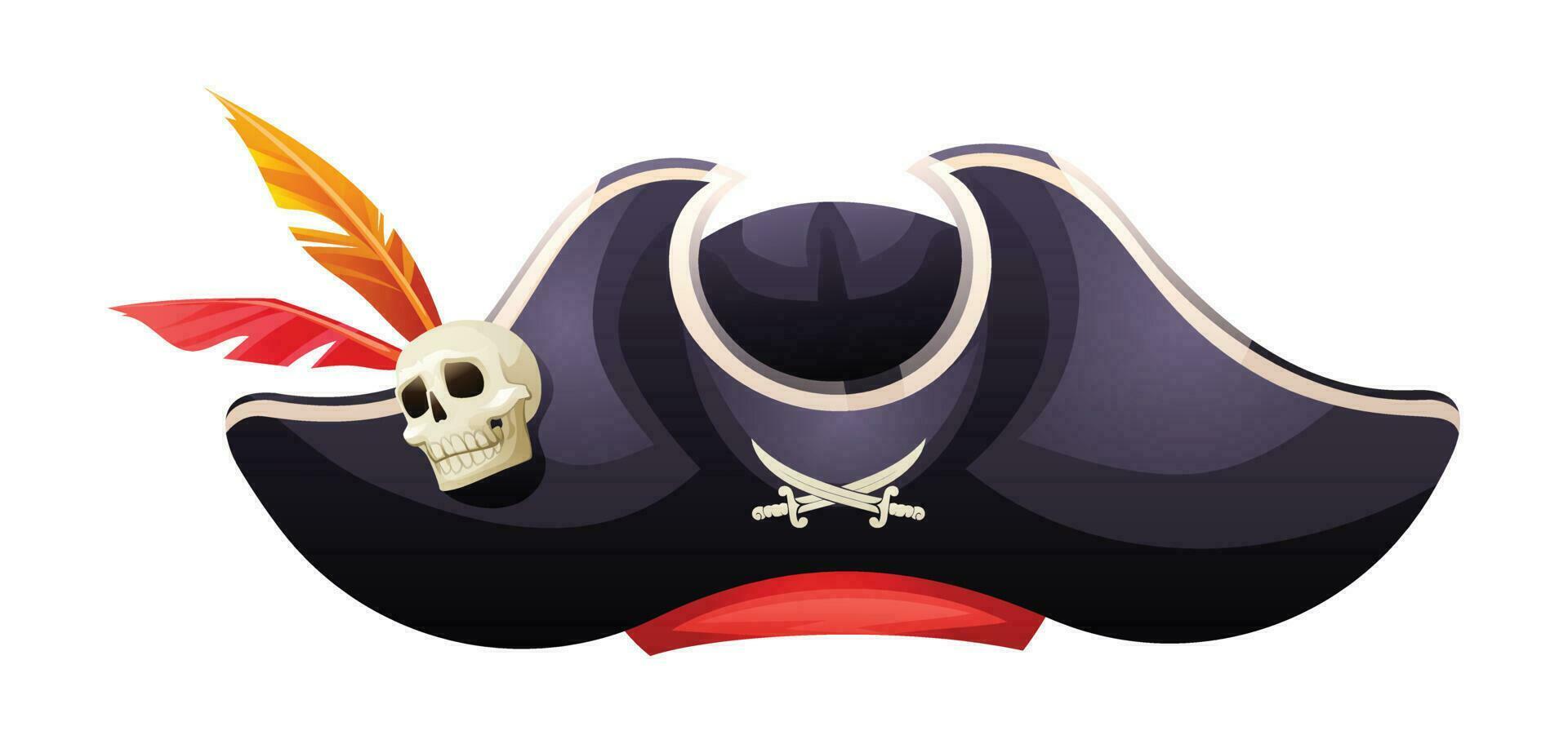 Pirate hat with skull, crossed swords and feathers cartoon illustration vector