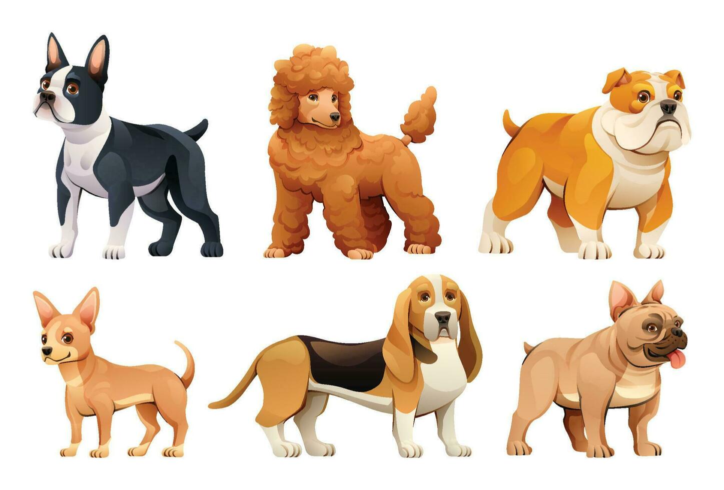 Collection of different dog breeds in cartoon style vector