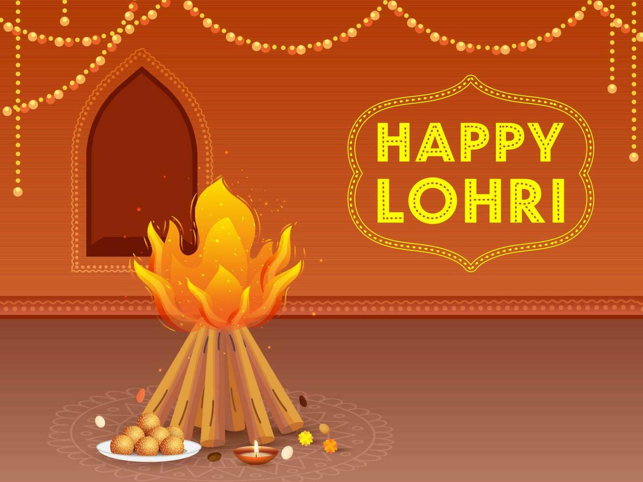 Happy Lohri Celebration Background With Bonfire, Indian Sweets, Lit Oil Lamp Over Rangoli Illustration. vector