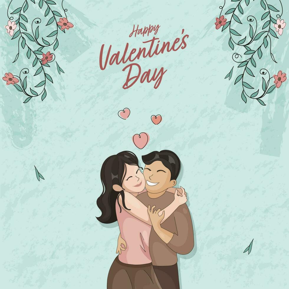 Happy Valentine's Day Concept With Embracing Young Couple And Floral Decorated On Turquoise Brush Grunge Background. vector