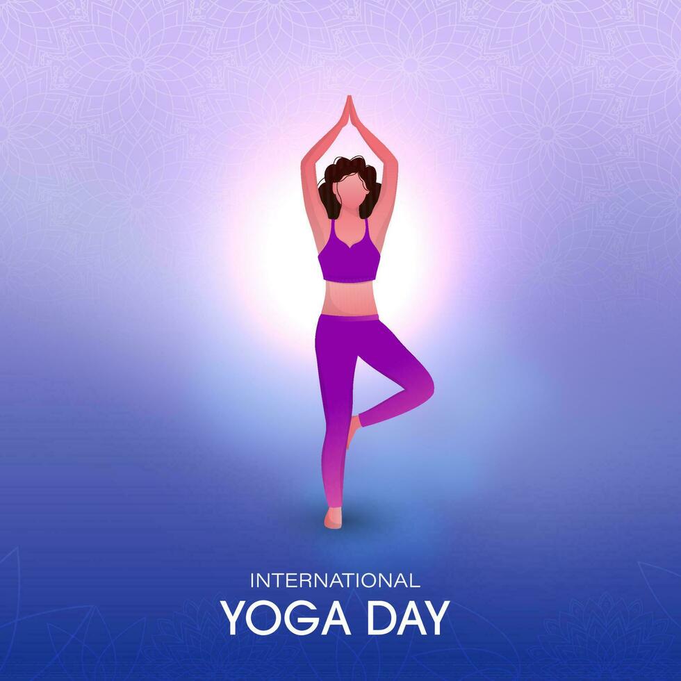 Faceless Young Lady Practicing Vrikshasana Pose On The Occasion Of International Yoga Day. vector