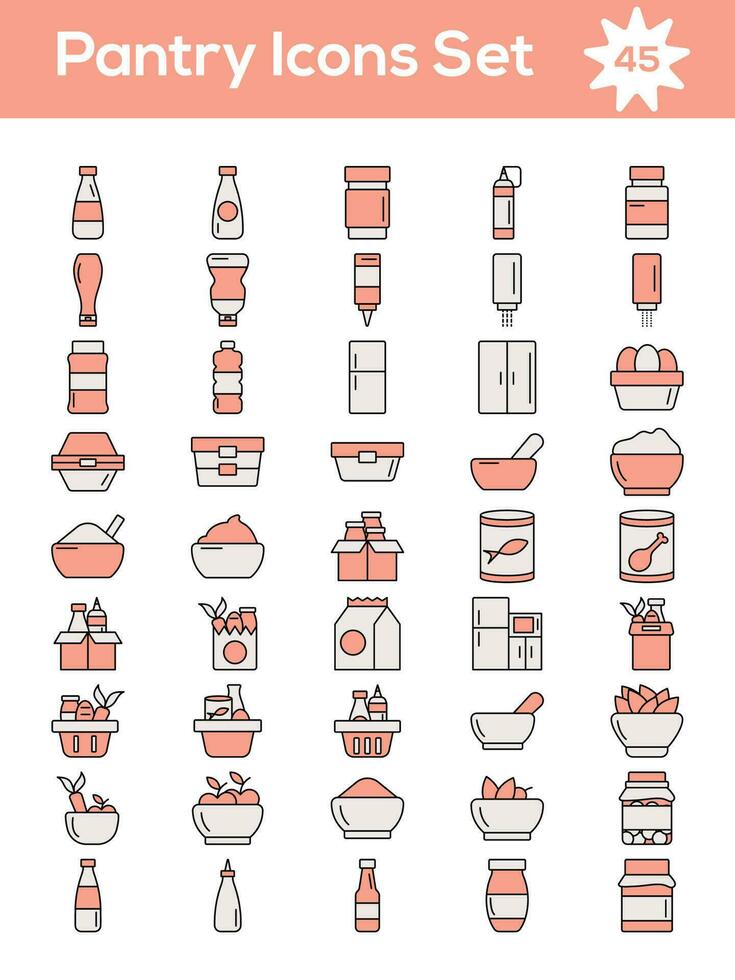 Peach And White Pantry Flat Icon Set. vector
