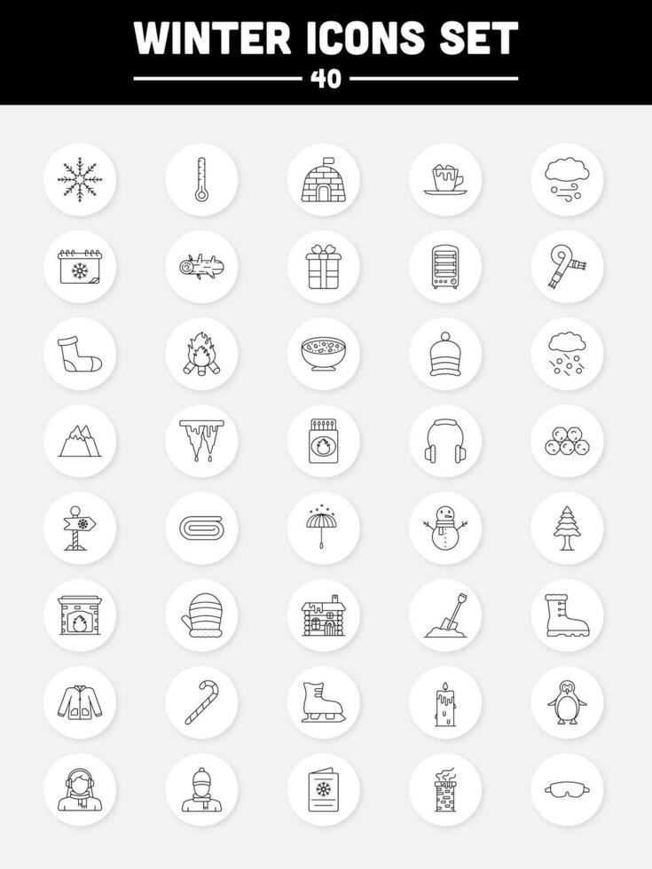 Thin Line Art Winter Icon Set On Circle Background. vector