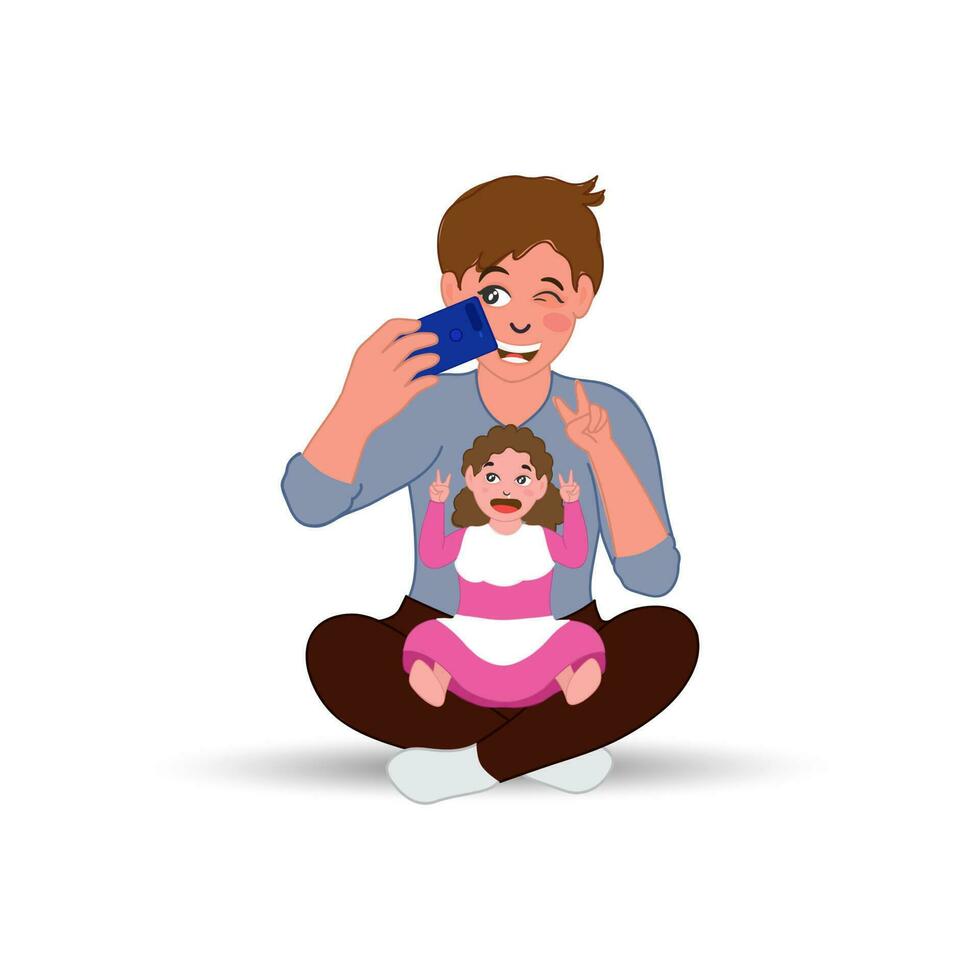 Cheerful Young Man Taking Selfie With His Daughter In Sitting Pose. vector