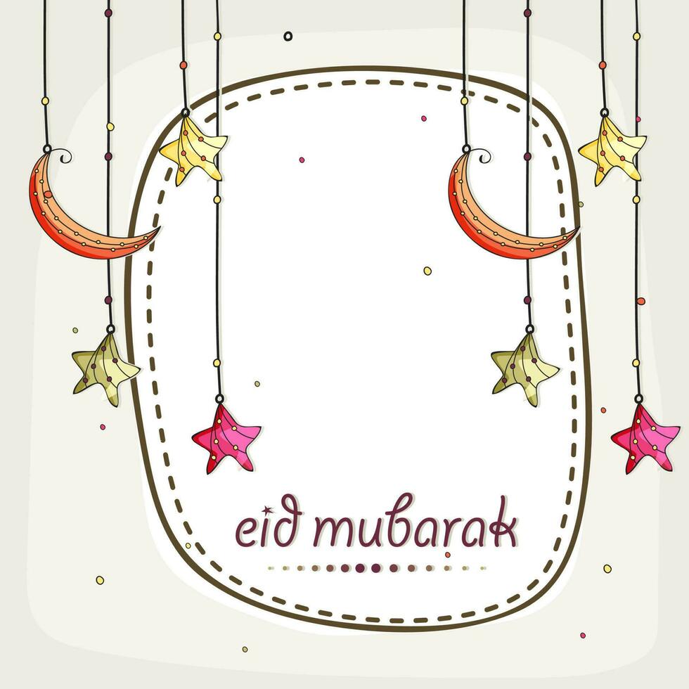 Eid Mubarak Greeting Card Decorated With Stars, Crescent Moon Hang On White Background. vector