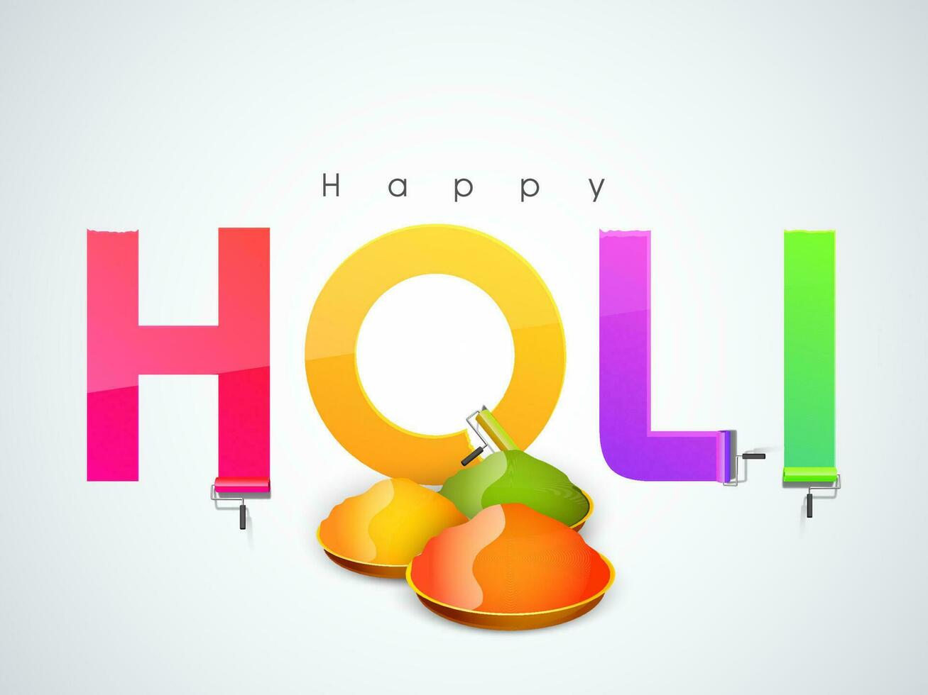 Colorful Happy Holi Font Written From Paint Roller And Plates Full Of Colors On Gray Background. vector