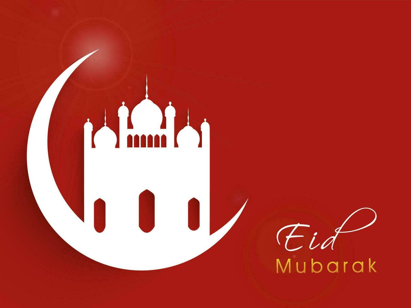 Eid Mubarak Greeting Card With Paper Cut Crescent Moon And Mosque On Red Background. vector