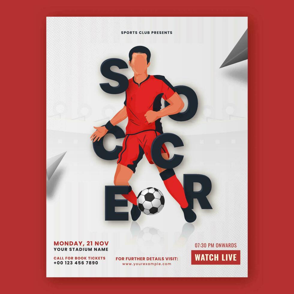 Soccer Flyer Or Template Design With Faceless Footballer Player Kicking Ball And 3D Triangle Elements On White Background. vector