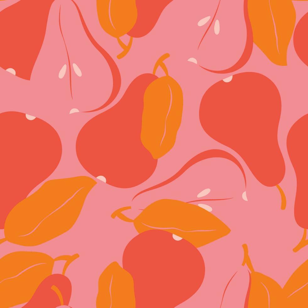 Seamless pattern with fruit shapes. Pears in vibrant pink and red. Colorful vector illustration.