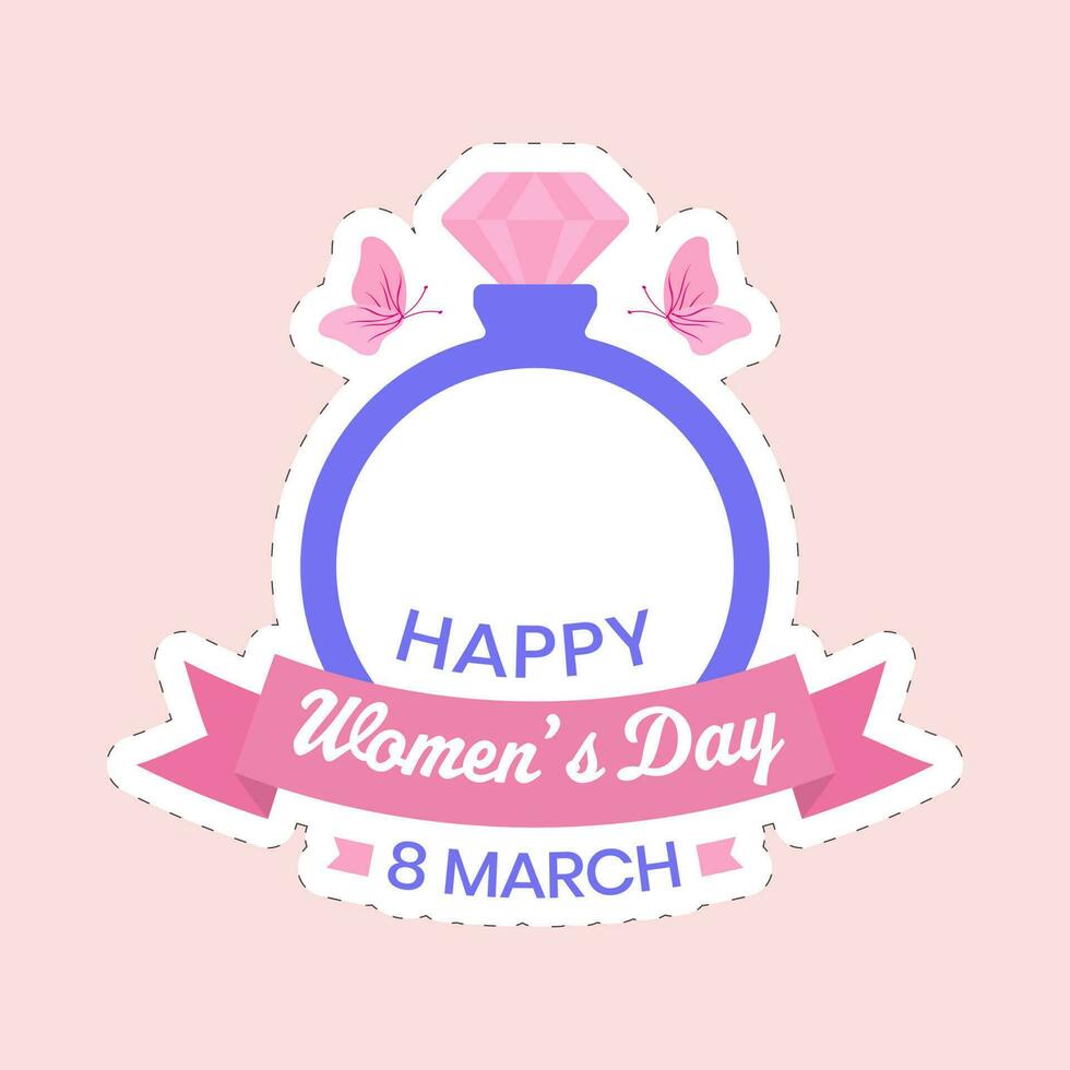 Gemstone Ring With Happy Women's Day Text Against Pink Background. vector